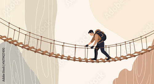 Man crossing a rope bridge, concept of overcoming obstacles, adventure and challenge
