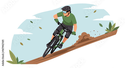 Mountain Biking Adventure: Rider Conquering a Steep Trail with Focus and Determination
