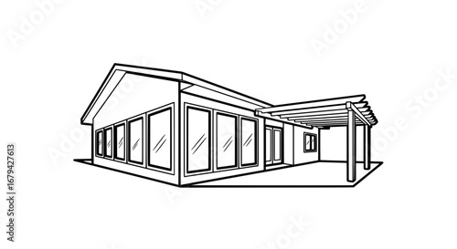 Modern house with large windows and open porch with transparent background