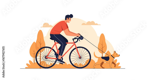 Man Cycling With Dog On A Leash In Nature With Autumnal Colors And Leaves