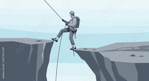 Man Descending Cliff Face Illustrating Risk, Determination, And Physical Challenge
