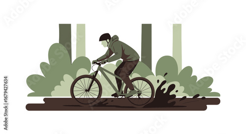 Mountain biking illustrated with a cyclist in the forest, vector art for outdoors design