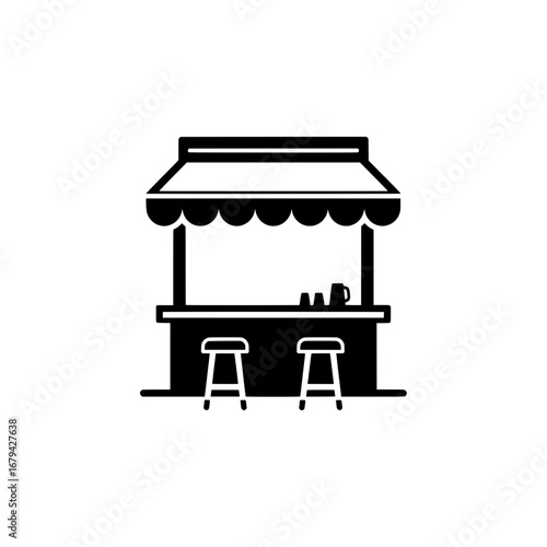 Outdoor market stall with shaded canopy and seating