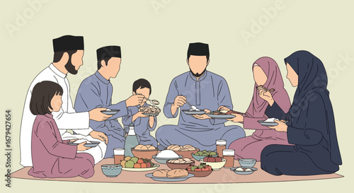 Adobe illustrator artwork vector illustration of a happy Muslim family, including parents and children, sharing a traditional meal together on the floor during Ramadan or Eid.