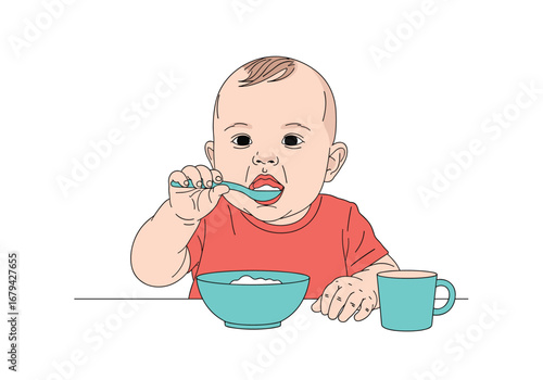 Baby eating food from bowl with spoon and cup nearby
