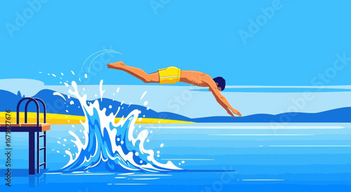 Man diving into the water from a pier during a sunny day for recreational activities