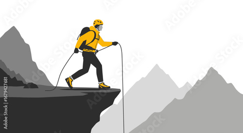 Mountain climber rappelling down a cliff after a climb in nature graphic
