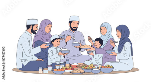 Adobe illustrator artwork vector illustration of a happy Muslim family, including parents and children, sharing a traditional meal together on the floor during Ramadan or Eid.