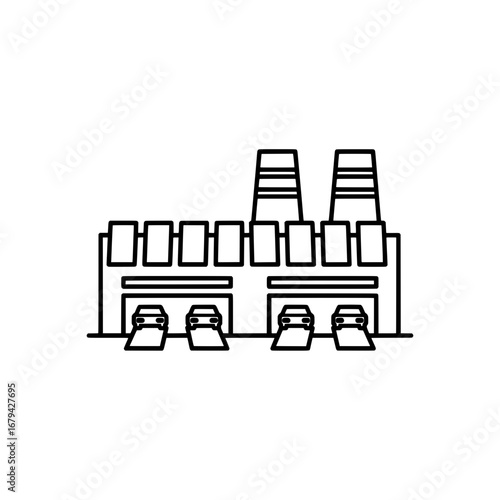 Power plant with chimneys and cars on parking lot with transparent background