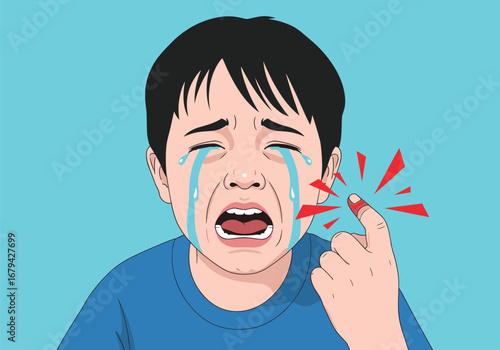 A young child cries out in pain after accidentally injuring their finger with red sharp objects showing exaggerated pain