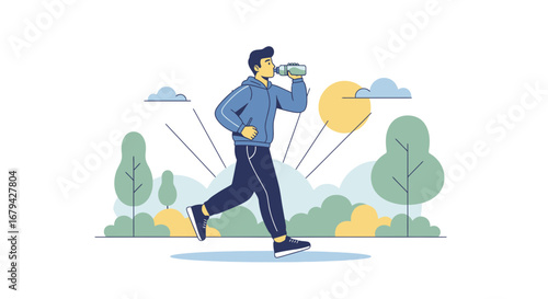 Man Drinking Water While Jogging Outdoors In A Sunny Day For Fitness and Wellness