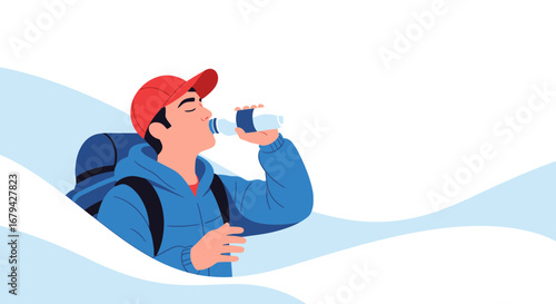 Man drinks water while hiking, hydrating during journey in nature, healthy lifestyle goal