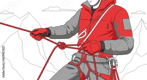 Mountaineer Bravely Maneuvering Climbing Rope, Facing Mountain Peaks, Sporting Red Attire