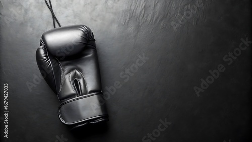 Single black boxing glove for sports, fitness, competition or boxingrelated designs, posters, promotions, or social media content. Dynamic and powerful.