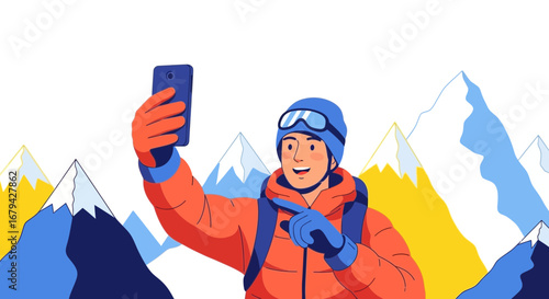Mountaineer Capturing a Selfie on a Snowy Mountain Peak with a Smartphone Illustration