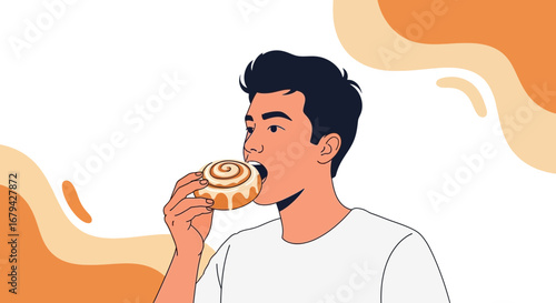 Man enjoying a cinnamon roll, sweet pastry, vector illustration design element