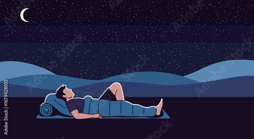 Man enjoying camping under the starry sky, contemplating, relaxing outdoors, sleeping in nature