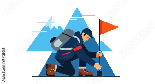 Mountaineer Planting Flag on Summit Depicting Achievement and Reaching Goals