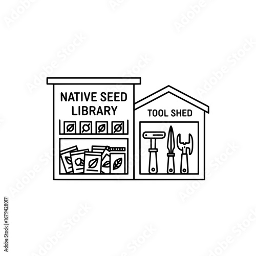 Native seed library and tool shed with transparent background
