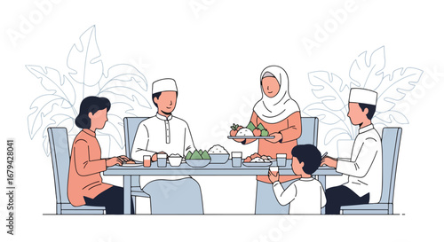 Adobe illustrator artwork vector illustration of a happy Muslim family, including parents and children, sharing a traditional meal together on the floor during Ramadan or Eid.