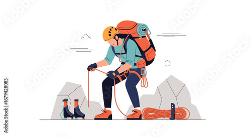Mountaineer Preparing For Ascent, Safety First, Conceptual Illustration, Adventure Ready For Action