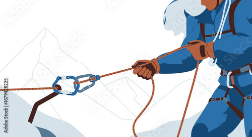 Mountaineer Securing Harness And Rope System Ready For Ascent On Snowy Mountain Peaks