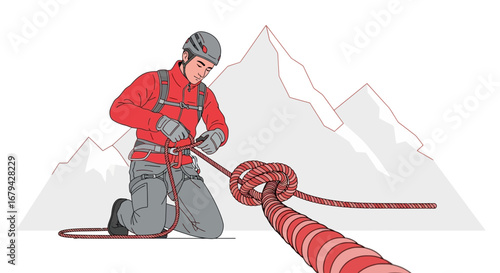Mountaineer Securing The Knot For Ascent In Front Of A Mountainous Landscape