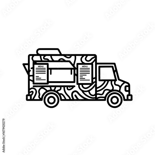 Food truck with menu and awning on black background