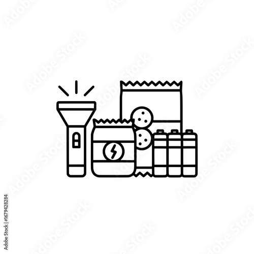 Flashlight, batteries, and snacks on black background with transparent background