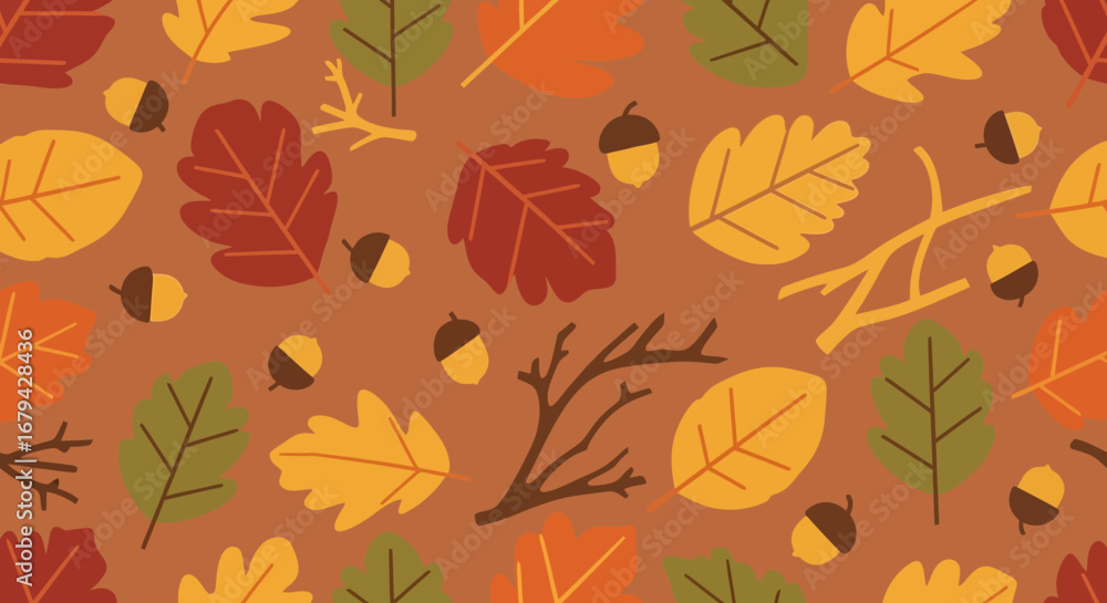 Obraz premium Autumn Seamless Pattern with Maple Leaves and Acorns Vector