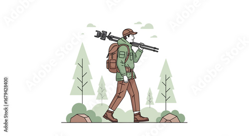 Nature Photographer Hiking Through Forest Carrying Tripod for Beautiful Landscape Shots