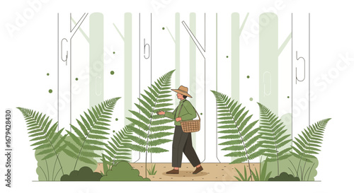 Nature Walk Illustration Featuring Ferns And A Figure With Basket In A Tranquil Forest Journey