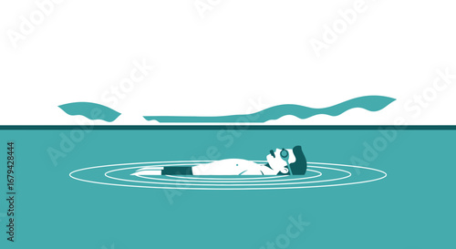 Man Floating Calmly on Water Under the Azure Sky, Contemplative and Relaxed.