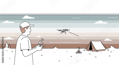 Man flying drone in nature near a tent and a campfire while camping outdoors