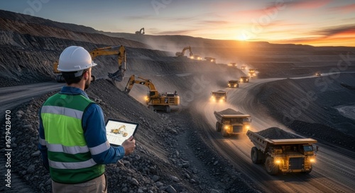 Modern mining site with heavy machinery and worker using tablet