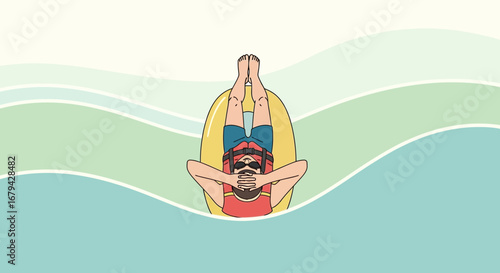 Man floating on water on life raft enjoying summer vacation in flat vector style