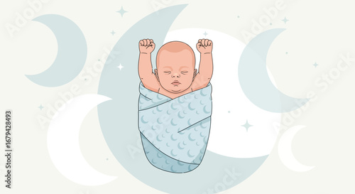Newborn Angel Wrapped In A Swaddle Reaching Up Toward The Night Sky With Moons