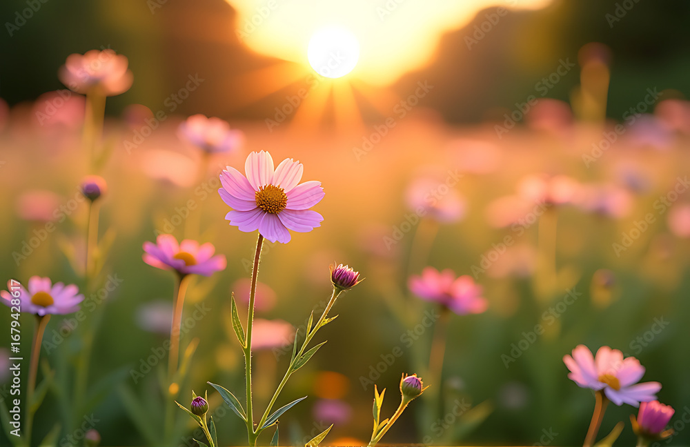Fototapeta premium serene shot lush wildflower field bathed warm golden hour light soft focus delicate