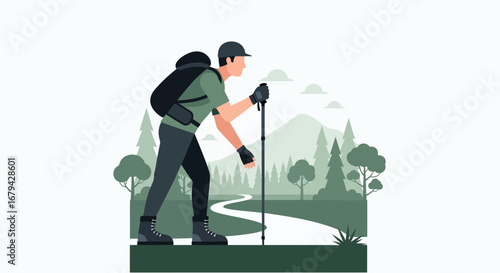 Man Hiking in Nature Scene with Backpack and Trekking Poles in Vector Illustration