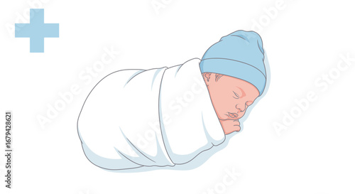 Newborn Baby Sleeping Comfortably Swaddled Next To A Light Blue Medical Symbol