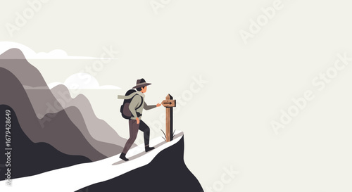 Man Hiking up Mountain, following Signpost towards Destination in Minimalist Illustration