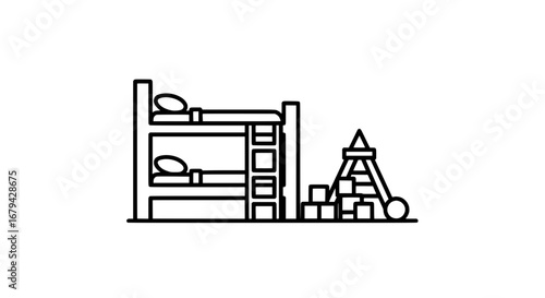 Children's bedroom with bunk beds and toys with transparent background