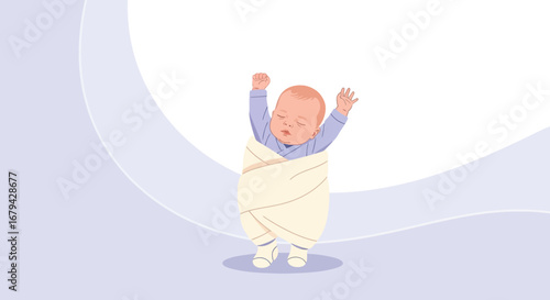Newborn Baby Stretching Arms, Swaddled in a Soft Blanket After a Peaceful Nap