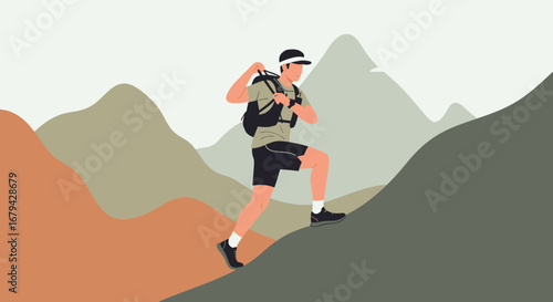 Man Hiking Upwards Towards Mountains, Outdoor Illustration Representing Challenge and Success