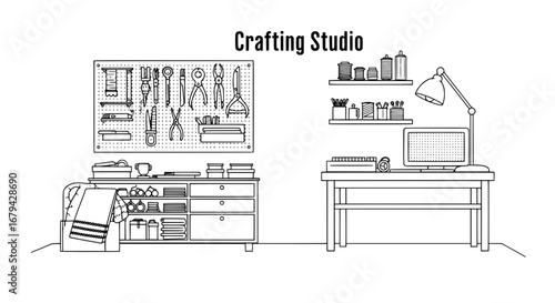 Crafting studio workspace with transparent background