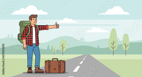 Man Hitchhiking on Roadside Vector Illustration Depicting Travel Adventures and Transportation