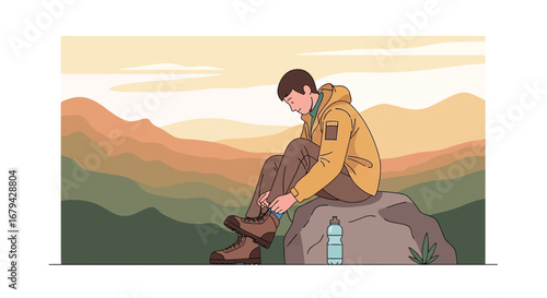 Man in hiking gear resting and tying his boots on a rock in a mountain landscape