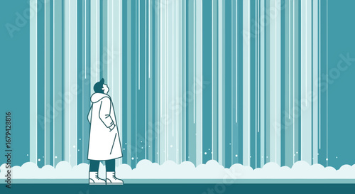 Man in front of a waterfall,  an illustrated scene depicting contemplation
