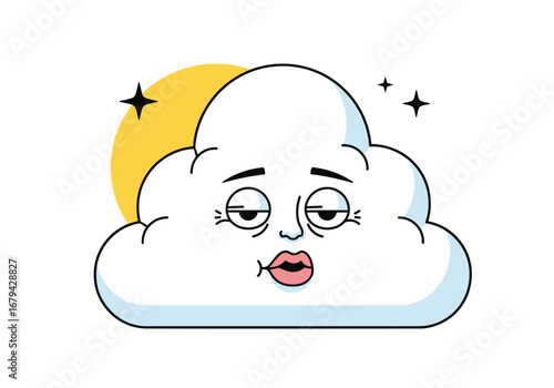 A tired looking cloud with a yellow sun behind it under starry night sky