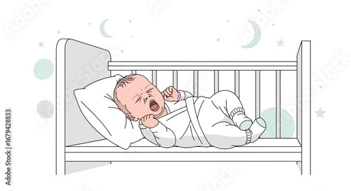 Newborn Baby Yawning In Crib With Simple Illustration And Night Time Background